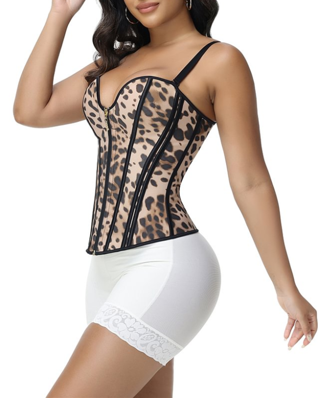Removeable Strap Waist Trainer Leopard print Corest with Front Zipper-Curvy-Faja