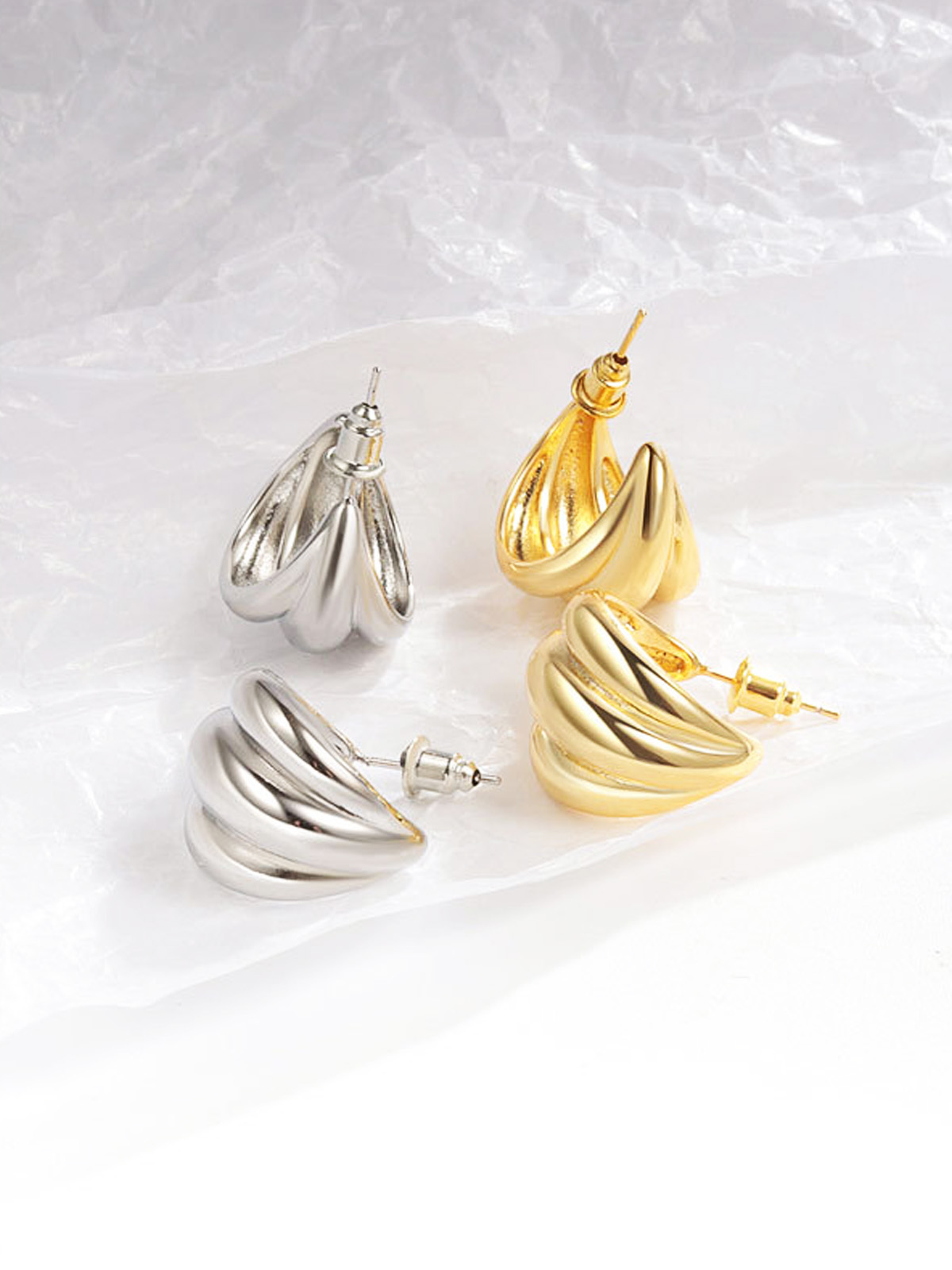 Three-circle C-shaped metal niche design earrings-Curvy-Faja