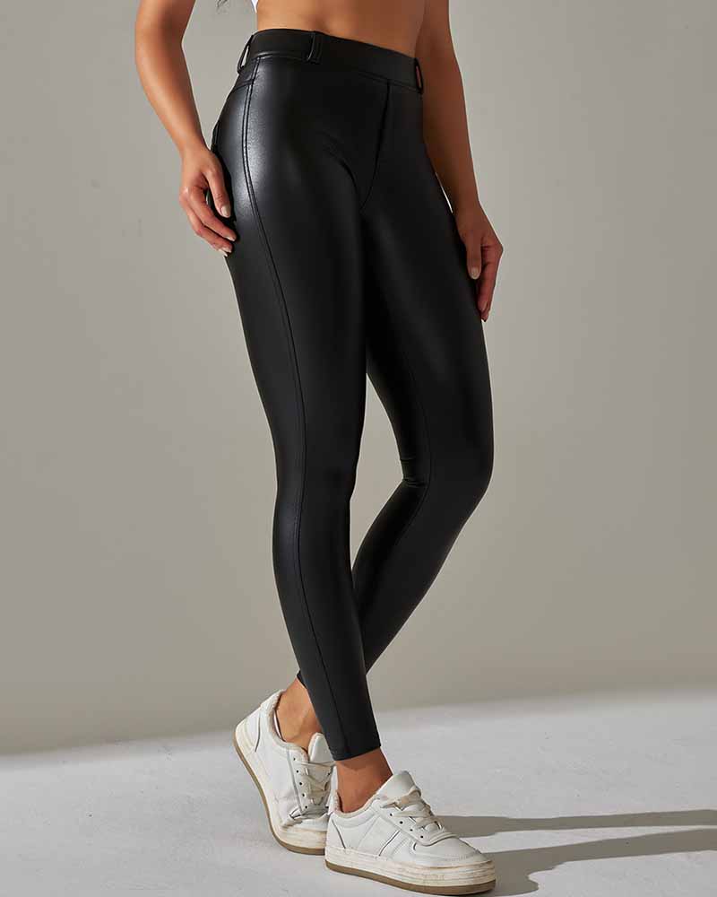 Pocket Pu Leather Pants With Tight Belly And High Waist