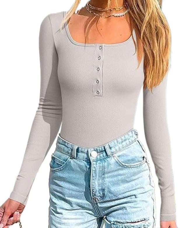 Button-Front Square-Neck Ribbed Triangle Bodysuit