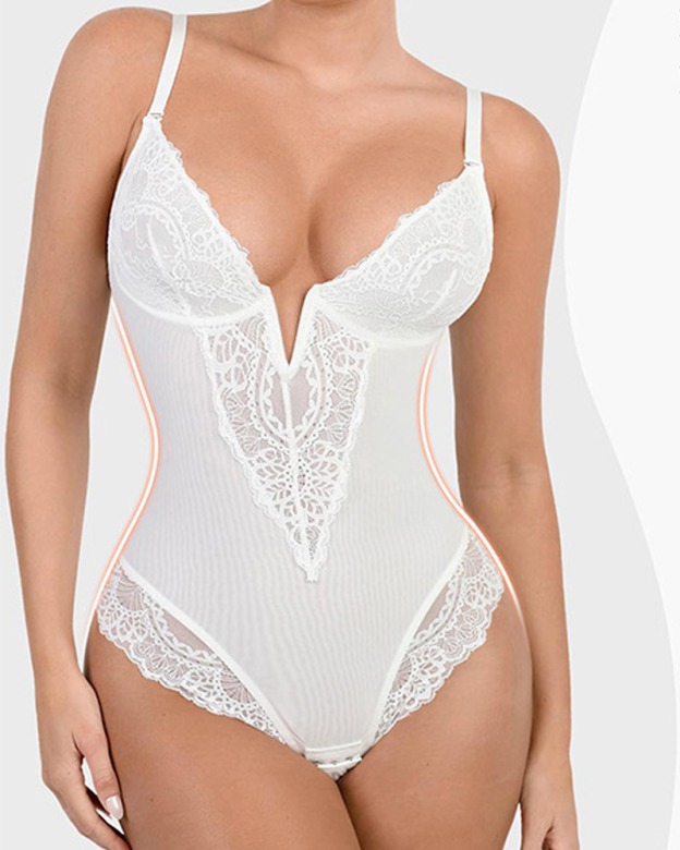 Deep V-Neck Shaping Lace Bodysuit