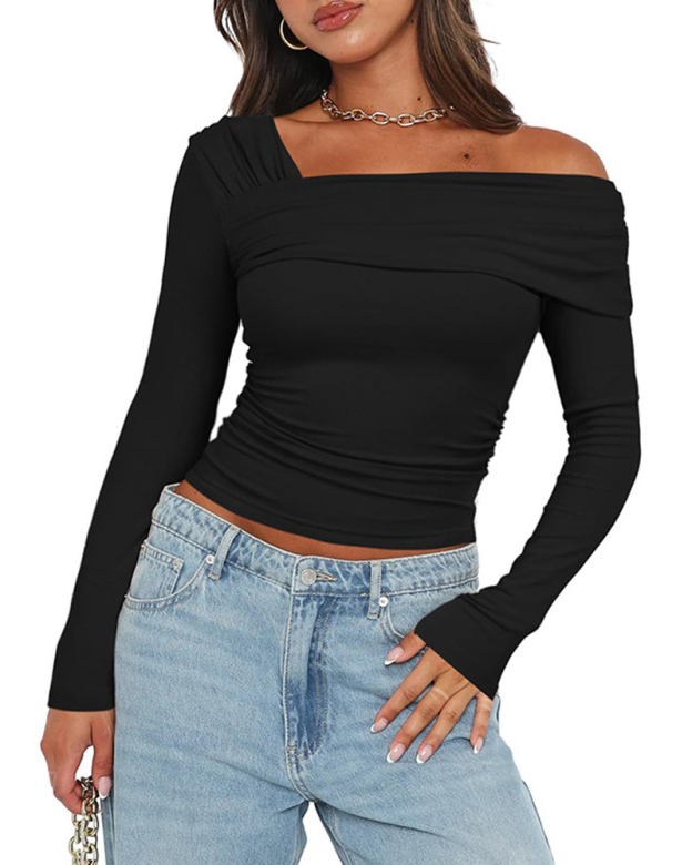 One-Shoulder Long-Sleeved Open-Back Gathered Top T-Shirt-Curvy-Faja