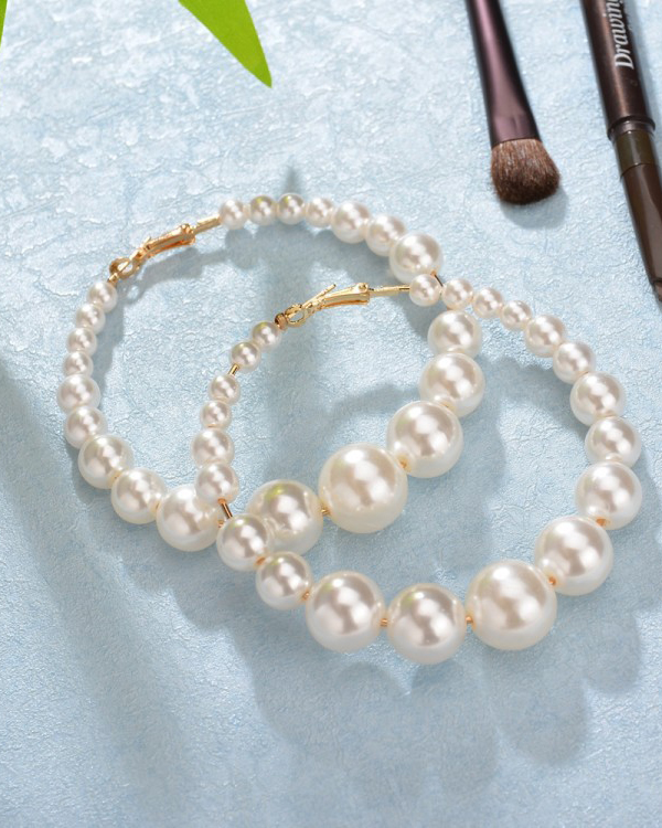 Retro Exaggerated Oversized Faux Pearl Large Hoop Earrings-Curvy-Faja