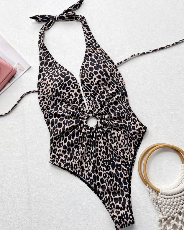 Leopard Print Cut-Out Ring One-Piece Swimsuit-Curvy-Faja