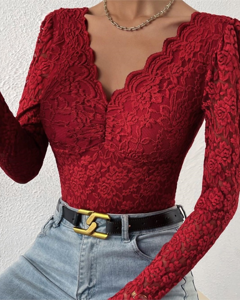 Floral Lace Sheer Long Sleeve Bodysuit V Neck Slim Fit Thong Body Shaper