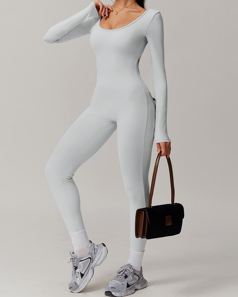 Back Pocket Open Back Yoga Bodysuit-Curvy-Faja