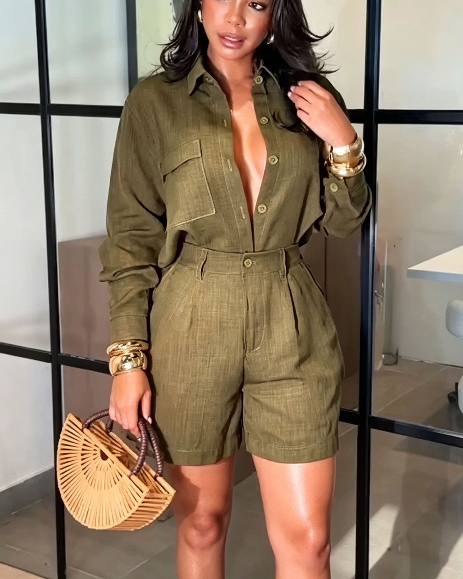 Long Sleeve Button-Down Shirt & High-Waisted Tailored Shorts Two-Piece Set (Pre-Sale)