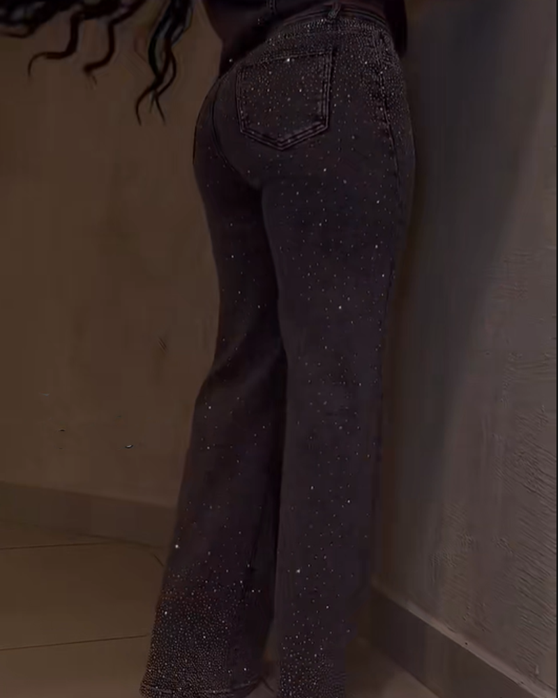 Dark Gray Diamond Studded Straight Leg Jeans (Pre-Sale)