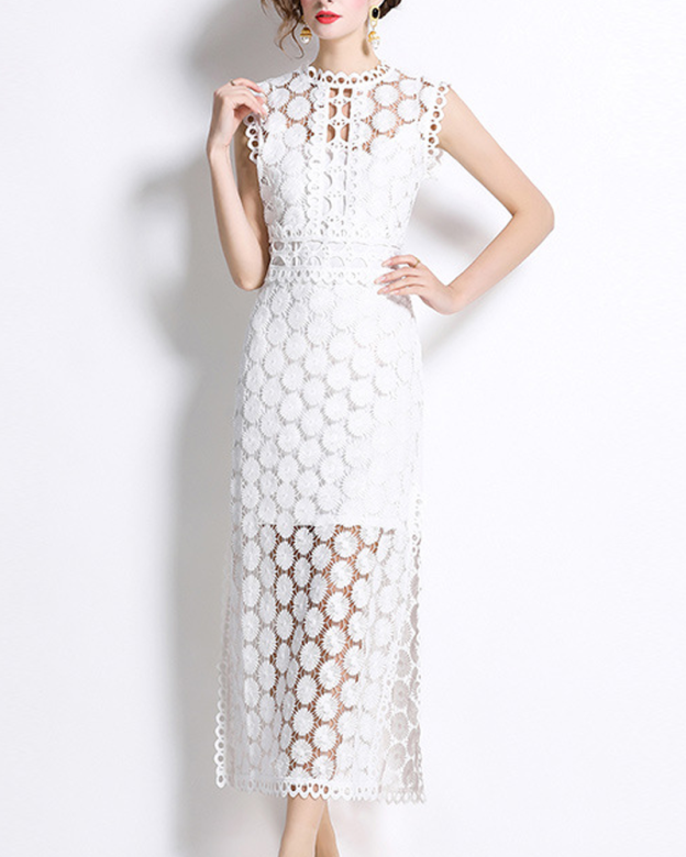 Round Neck Sleeveless Fitted Waist Double Slit Hollow Water-Soluble Lace Dress