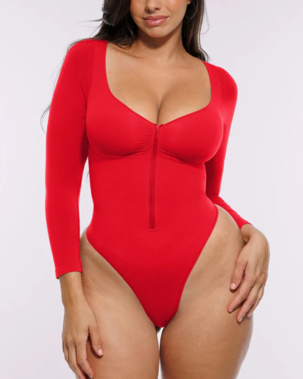 Front Zipper Seamless Slimming Long Sleeve Thong Bodysuit-Curvy-Faja