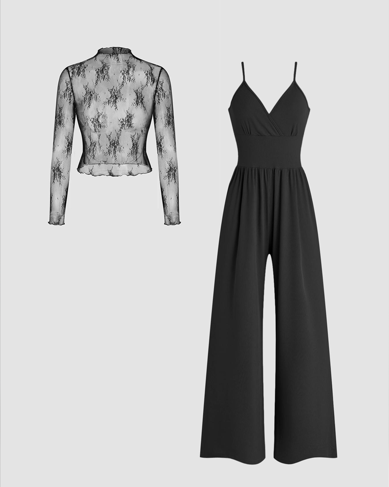 Lace T‑Shirt & Cami Fitted Wide‑Leg Pocket Jumpsuit Set