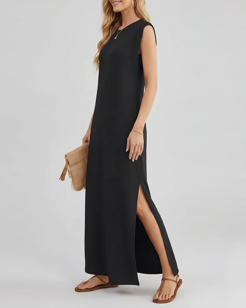 Crew Neck Casual Loose Long Vacation Dress With Pockets