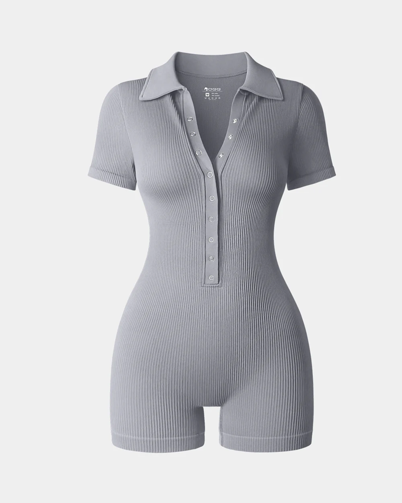 Ribbed V-Neck Elastic Waist-Cinching Tummy-Control Sports Yoga Bodysuit