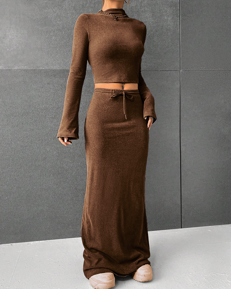 Solid Color Long-Sleeved Slim-Fit Base Layer Bodycon Long Skirt Set