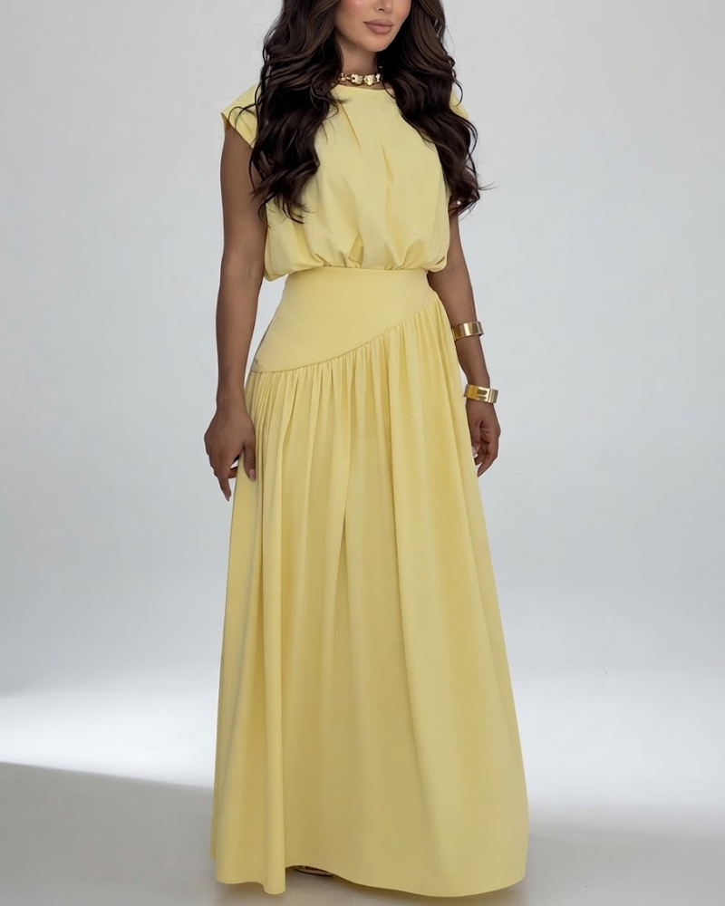 Sleeveless Pleated Overlay Maxi Skirt Set With Built-In Shapewear Bodysuit（Pre-Sale）