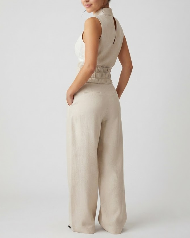 High Neck Backless Top Matching High Waist Wide Leg Trousers Outfit Set