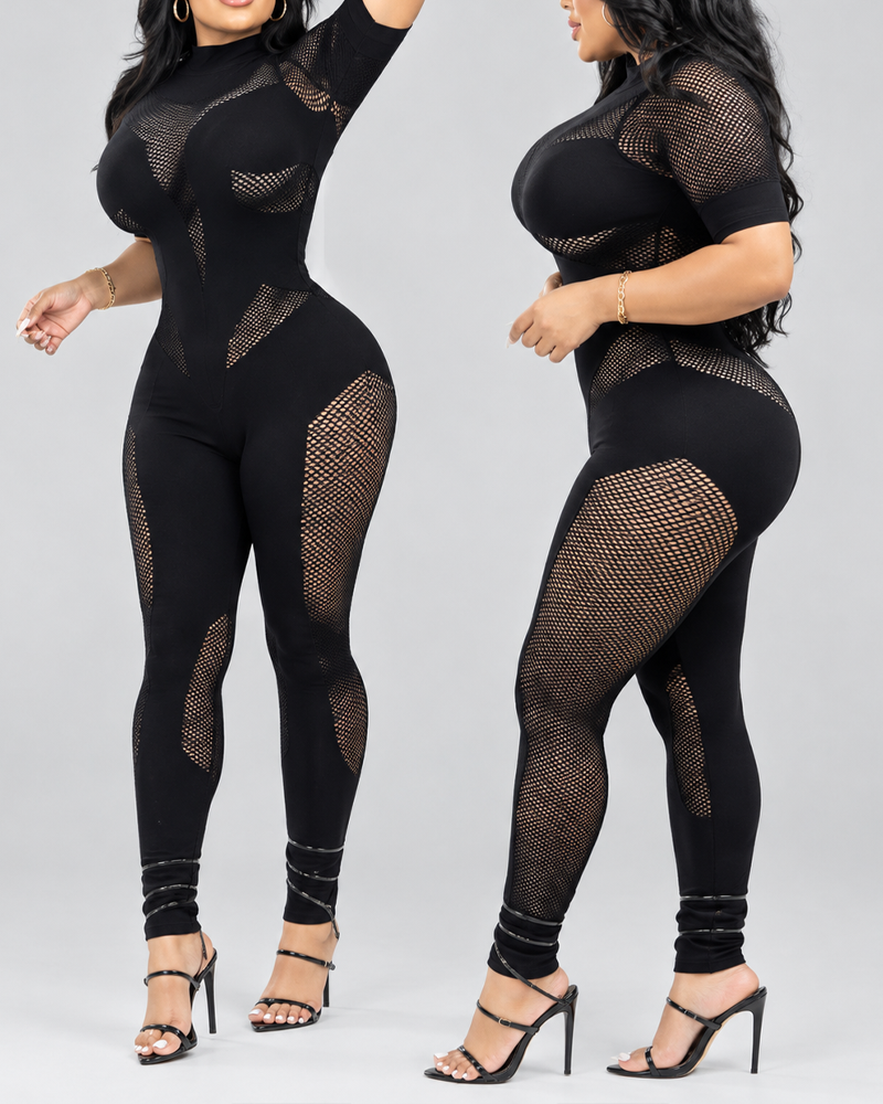 Halloween Mesh Panel High Neck Bodycon Jumpsuit
