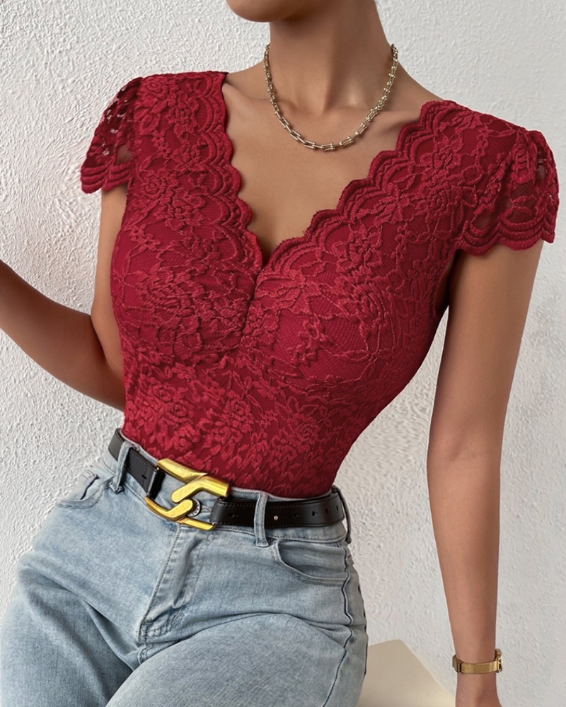 Sexy Deep V Neck Lace Short Sleeve One Piece Bodysuit-Curvy-Faja