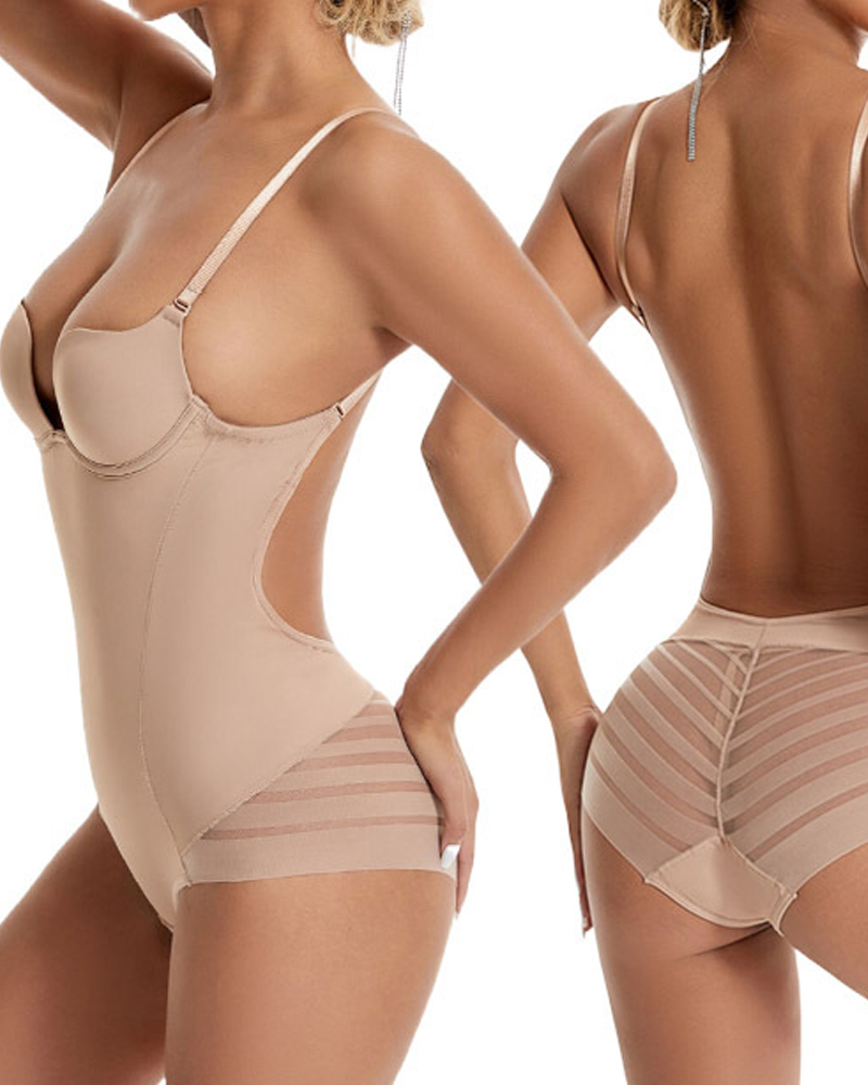 U-Shaped Bra Striped Mesh Belly Shaping Bodysuit-Curvy-Faja