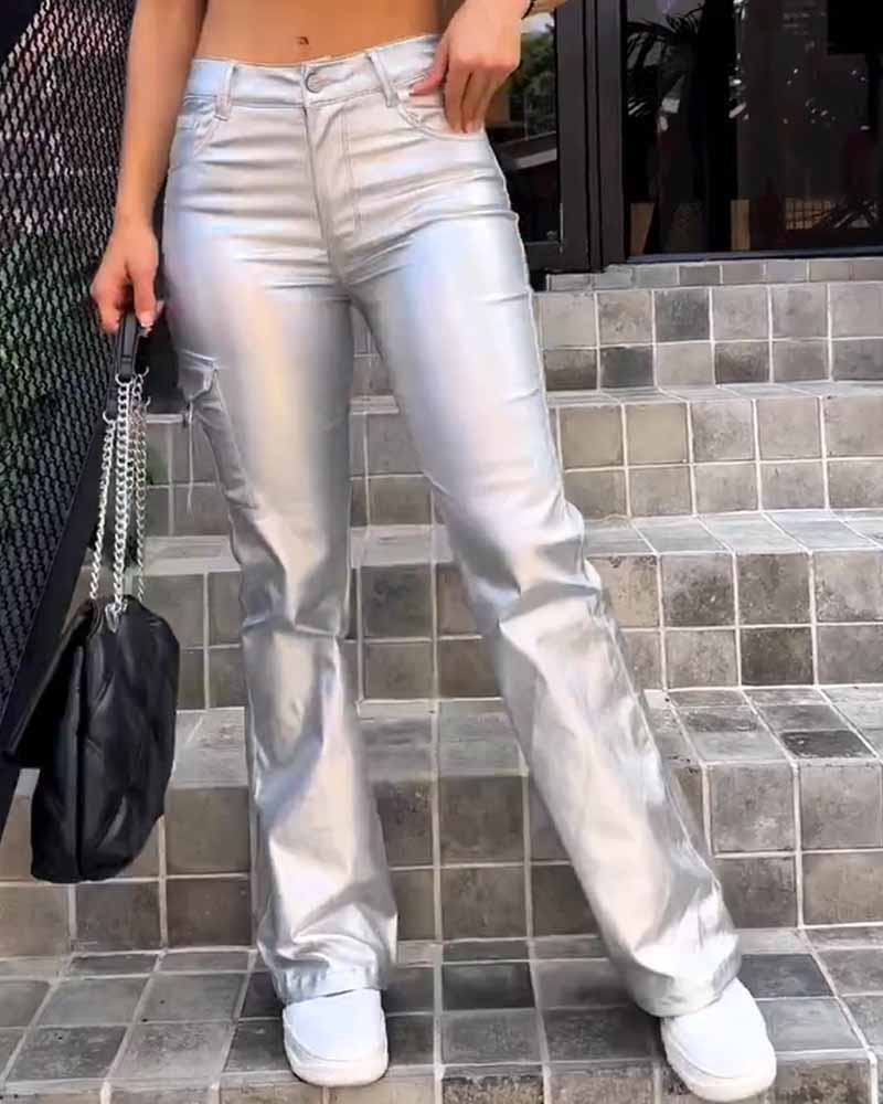 Women's Faux Leather Cargo Pants with Pockets High Waisted Y2K Relaxed Pant (Pre-Sale)
