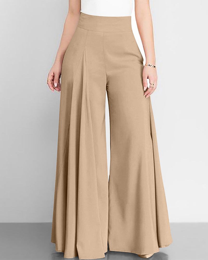 Solid Color High-Waisted Wide-Leg Pants