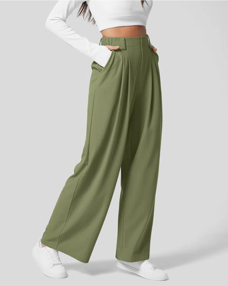 High Waisted Plicated Side Pocket Wide Leg Waffle Work Pants