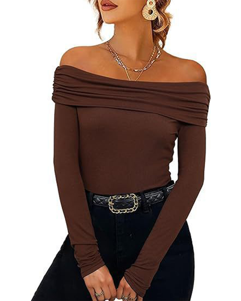 Sexy Off-Shoulder Slim-Fit Long-Sleeved Bottoming Shirt-Curvy-Faja