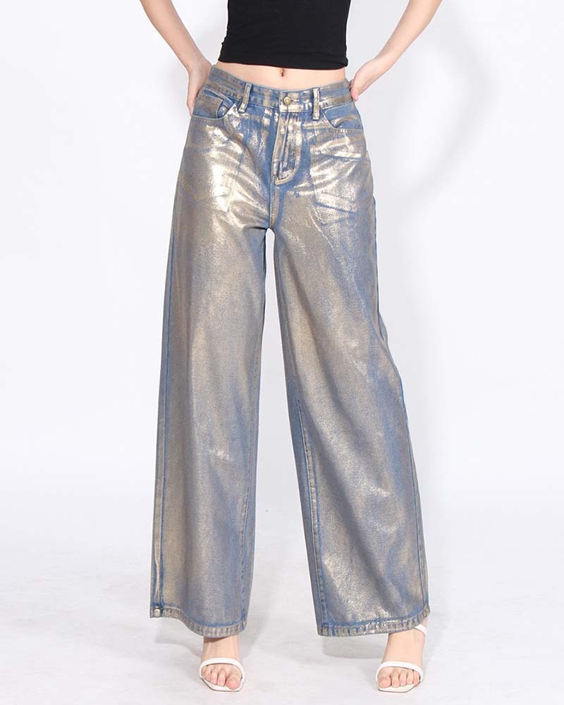 Gold Bronzed High-Waisted Baggy Wide-Leg Casual Jeans-Curvy-Faja