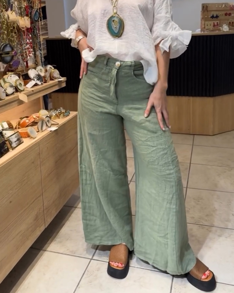 Cotton And Linen Casual Wide Leg Pants-Curvy-Faja