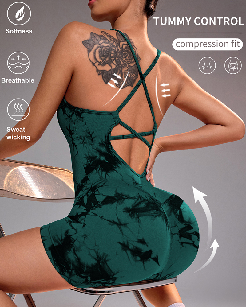 Tie-Dye Back Yoga Romper-Curvy-Faja