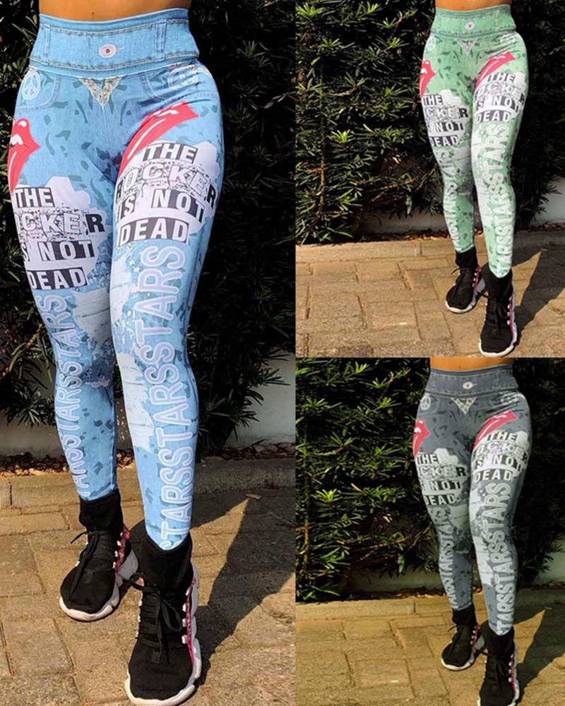 High-Waisted Imitation Denim Printed Yoga Pants-Curvy-Faja