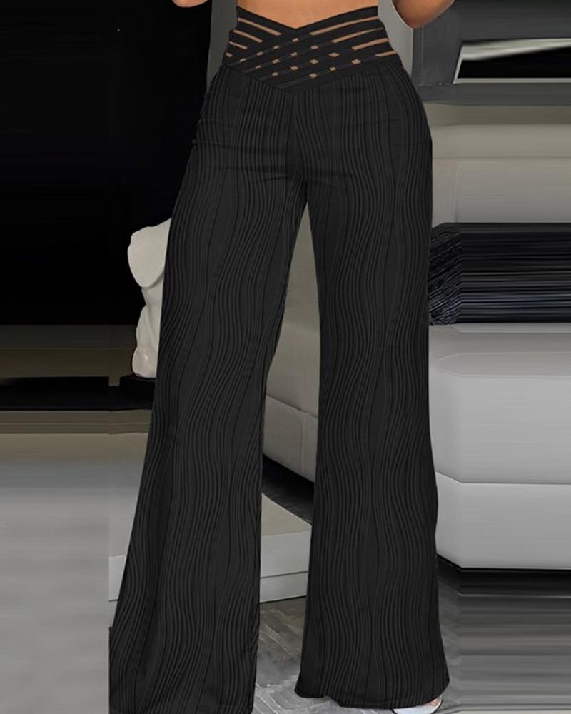 Draping Pleated Hollow-Cut Water Ripple Wide-Leg Pants-Curvy-Faja