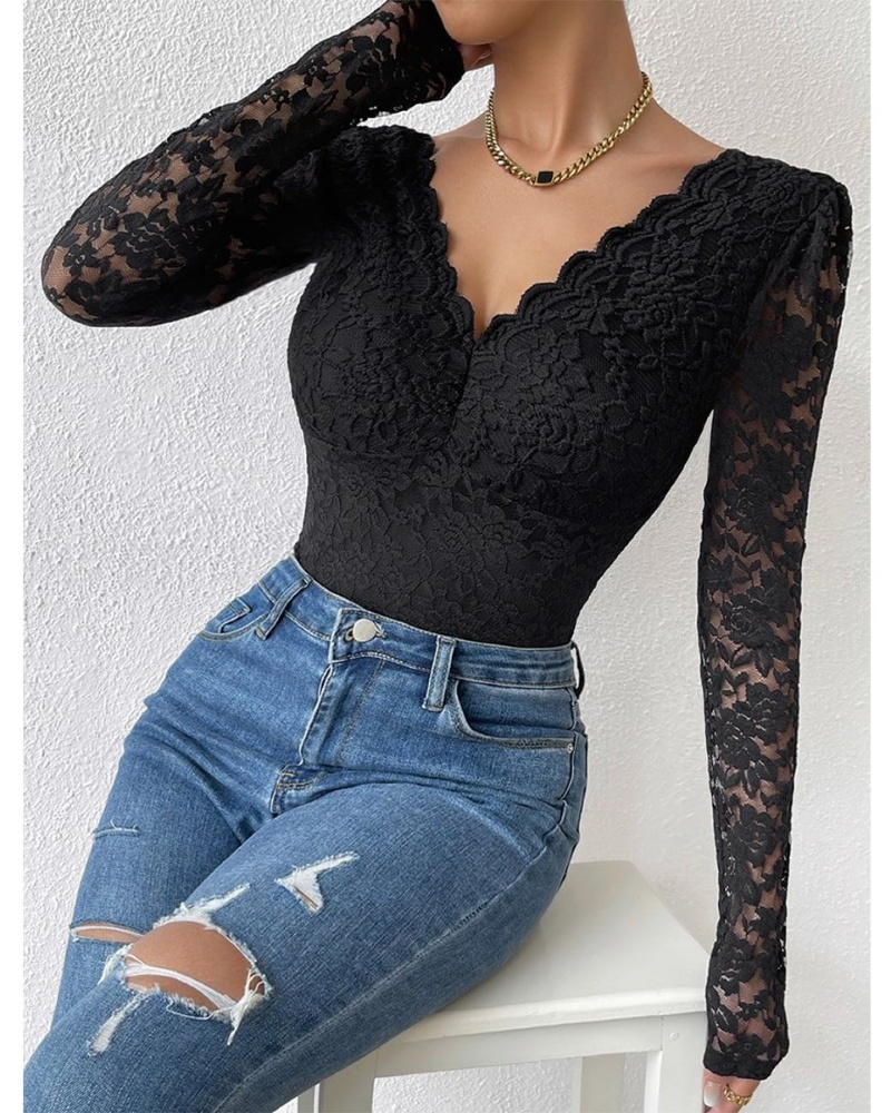 Floral Lace Sheer Long Sleeve Bodysuit V Neck Slim Fit Thong Body Shaper