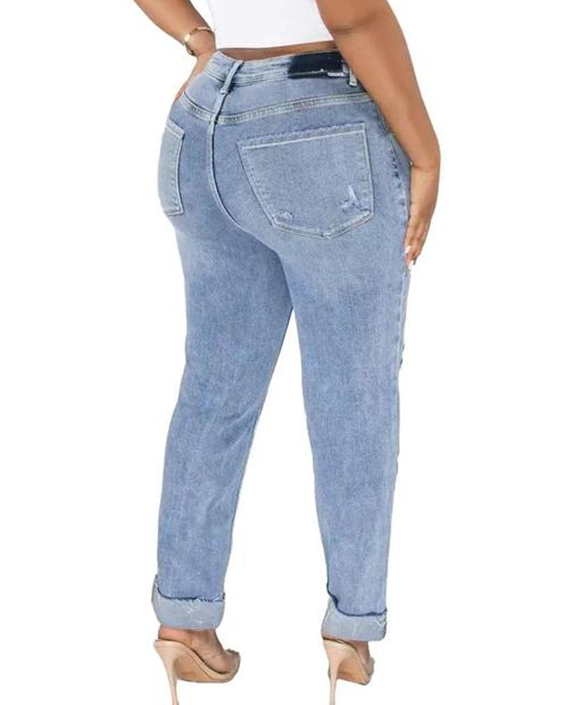 Stretch Ripped High-Waist Jeans-Curvy-Faja