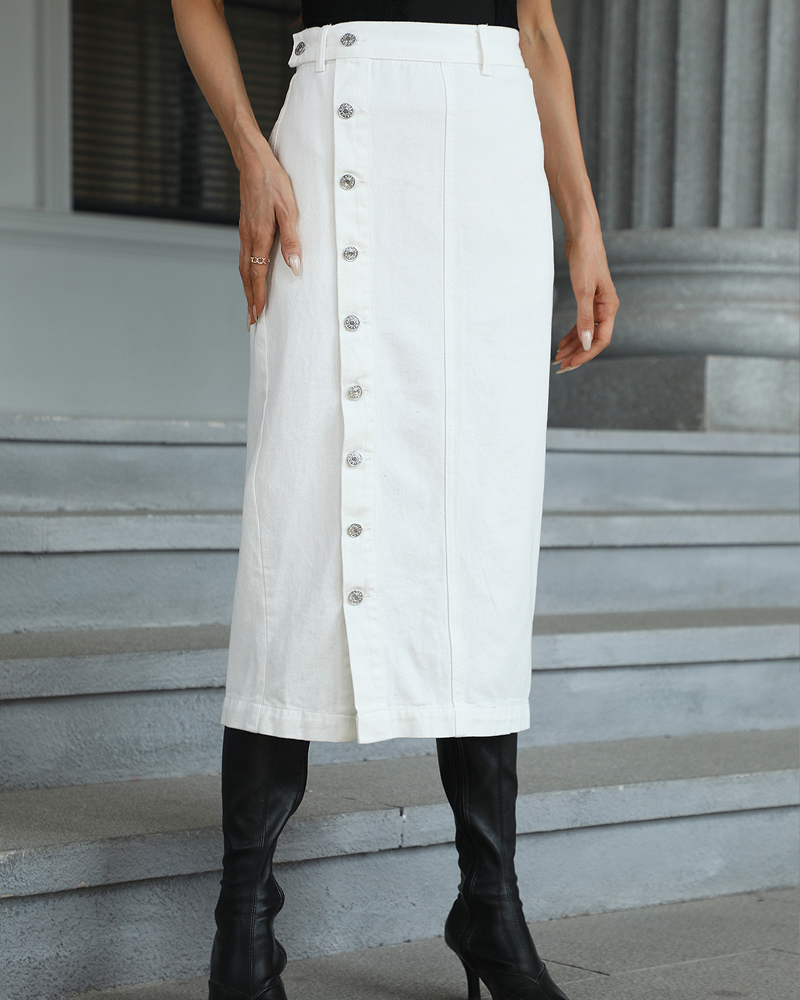 Irregular Slit Denim High-Waisted Midi Skirt-Curvy-Faja