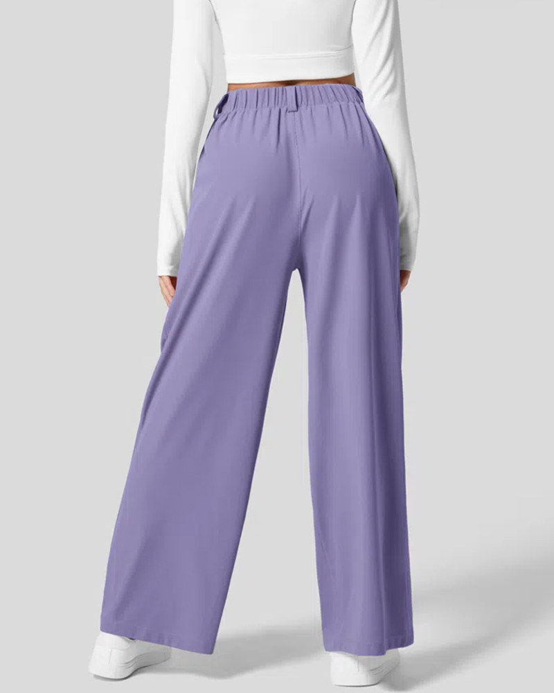 High Waisted Plicated Side Pocket Wide Leg Waffle Work Pants