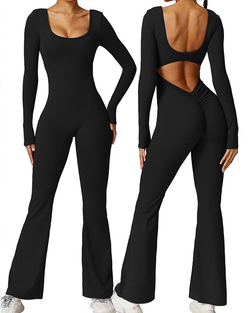 Beautiful Back Long Sleeve Yoga Jumpsuit-Curvy-Faja