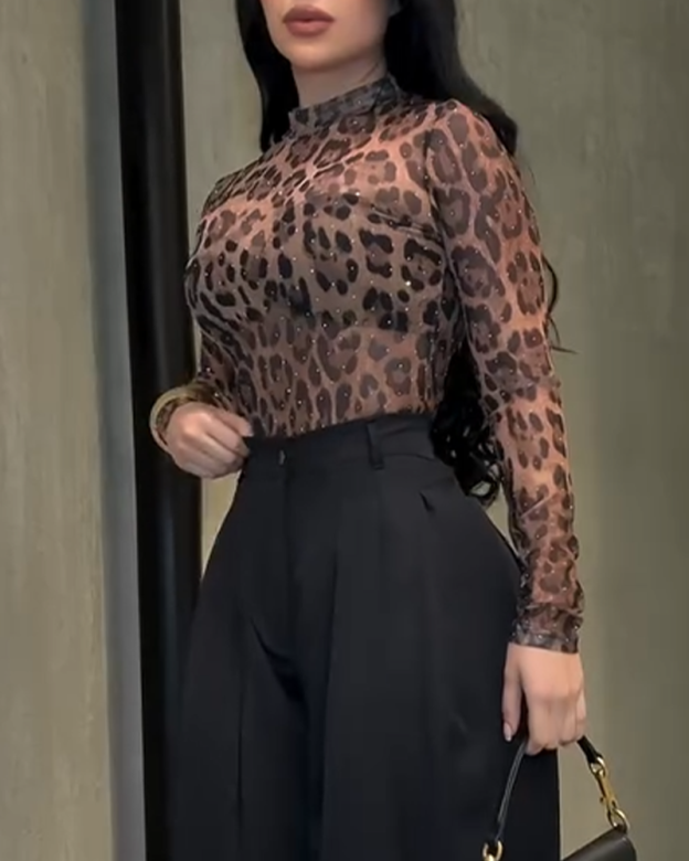 Leopard Print Mesh Top with Diamonds-Curvy-Faja