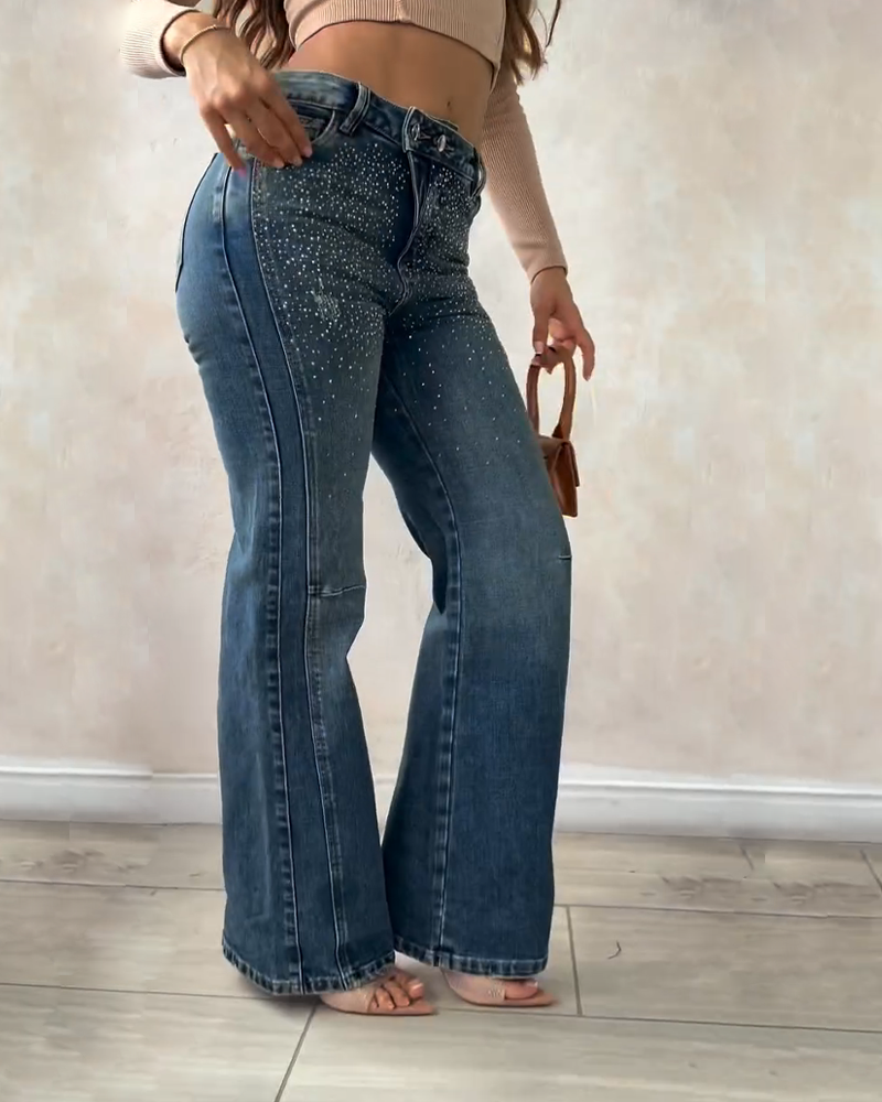 Diamond-Studded Straight-Leg Jeans (Pre-sale)-Curvy-Faja