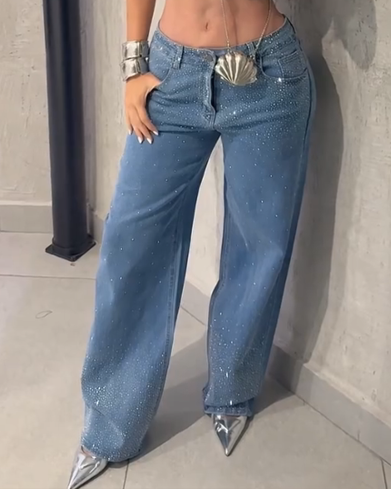 Women's Diamond Rhinestone Jeans High Waist Straight Wide Leg Stretchy Bling Denim Pants (Pre-Sale)-Curvy-Faja