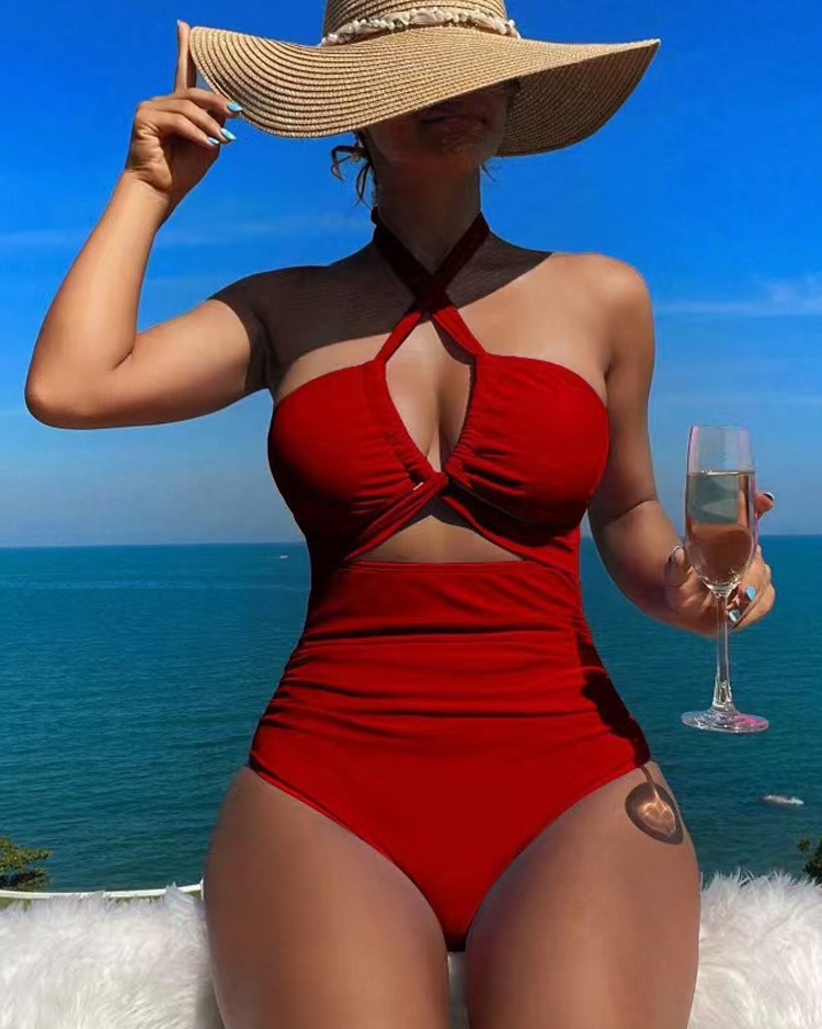 Deep V Cutout Ruched One Piece Swimsuit with Crisscross Open Back