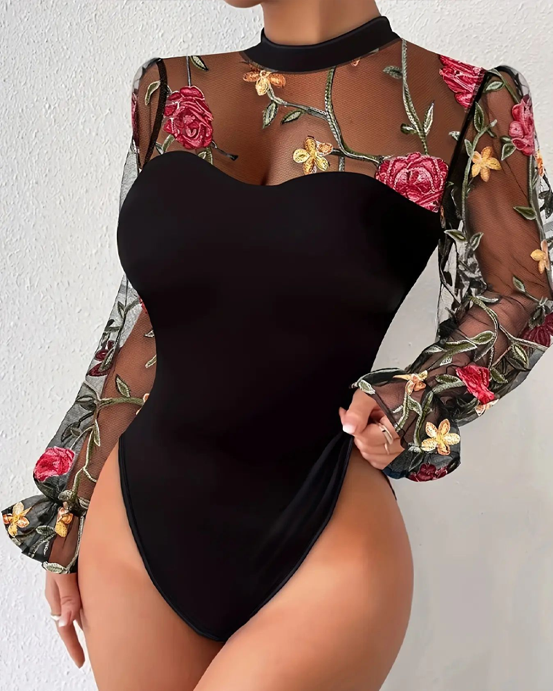 Women's Floral Embroidery Sheer Contrast Mesh Flounce Sleeve Bodysuit