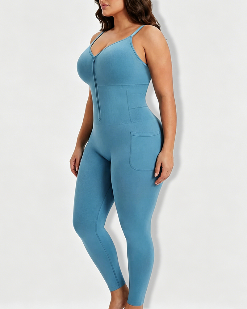 Front Zip Back Opening Butt Lift Pocket Legging Bodysuit Shapewear（Pre-Sale）