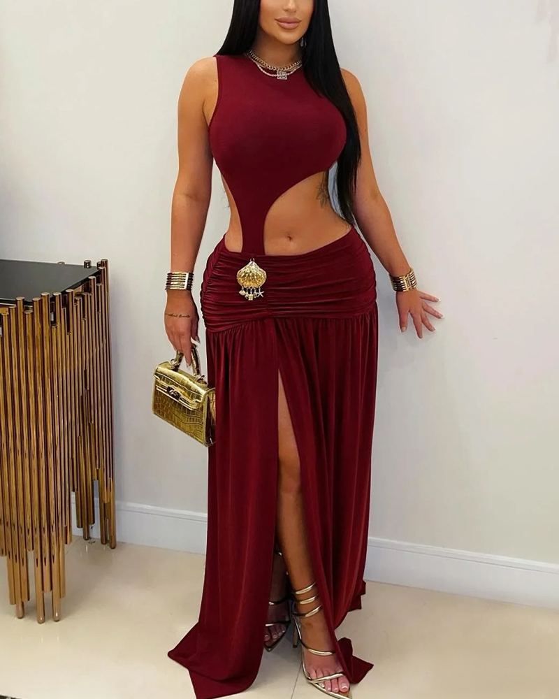 Curvy-faja Solid Color Sleeveless Cropped Slit Dress