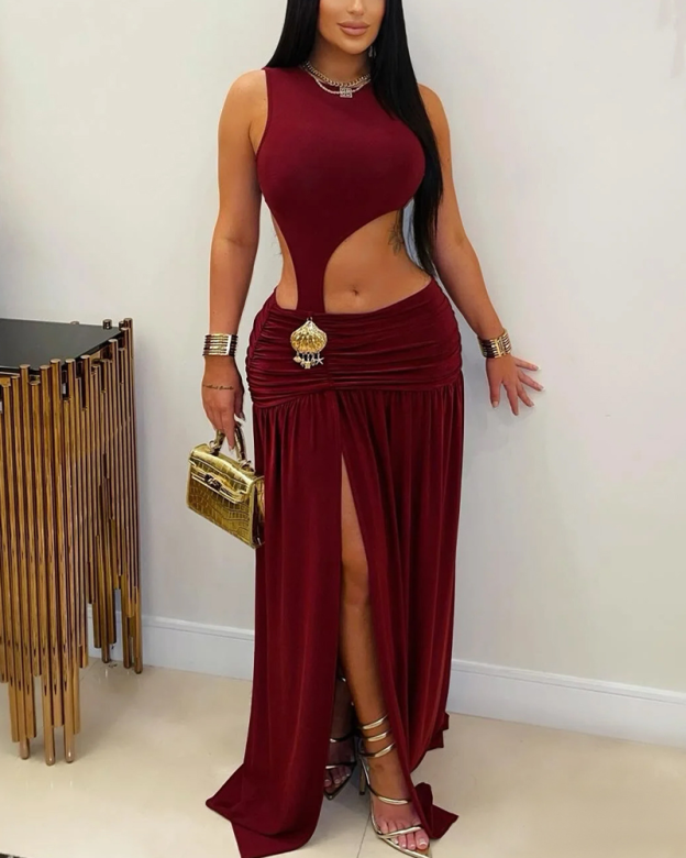 Solid Color Sleeveless Cropped Slit Dress