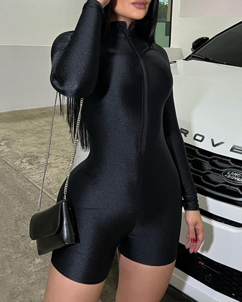 Zipper High Neck Slim Fit Long Sleeve Jumpsuit