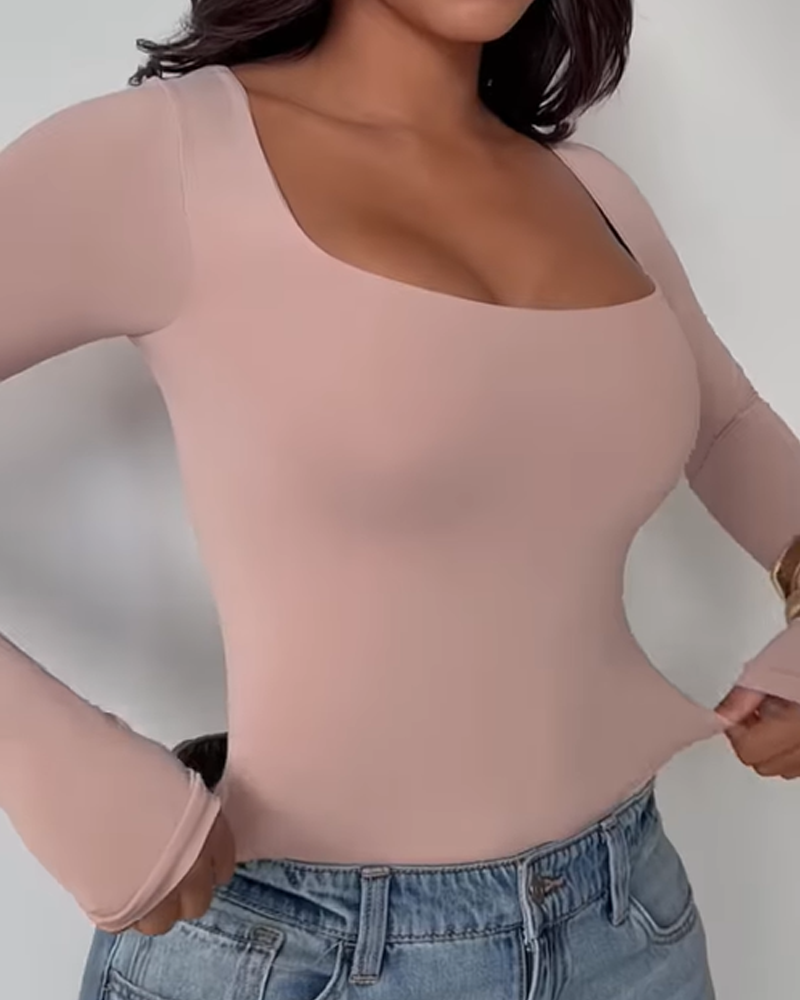 Square Neck Slim Tummy Control Long Sleeve Bodysuit（Pre-Sale）