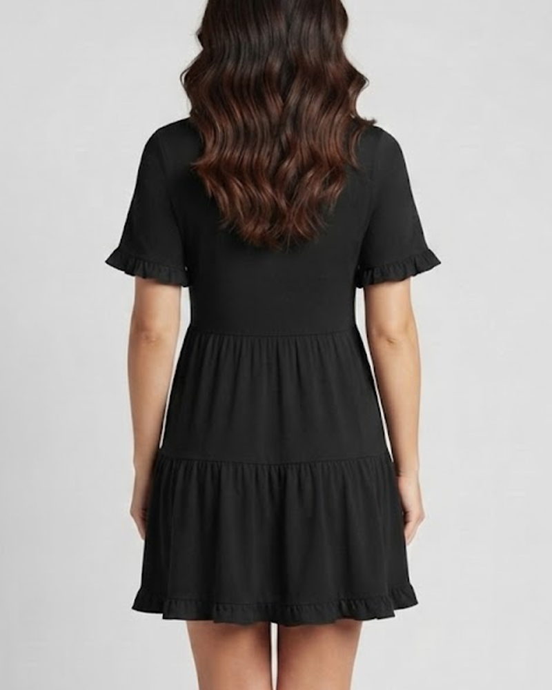 V‑Neck Ruffle Short Sleeve Casual Flowy Hem Mini Dress Summer Loose Swing Short Dress