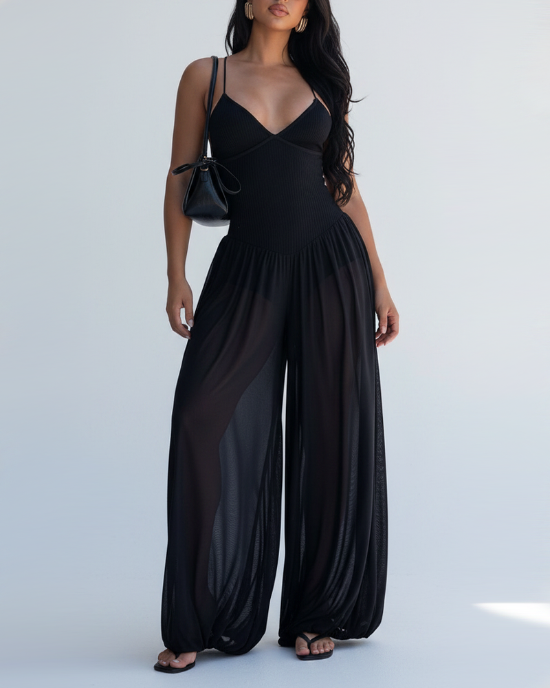 Vacation Style Lace-Up Back Slim Wide Leg Jumpsuit