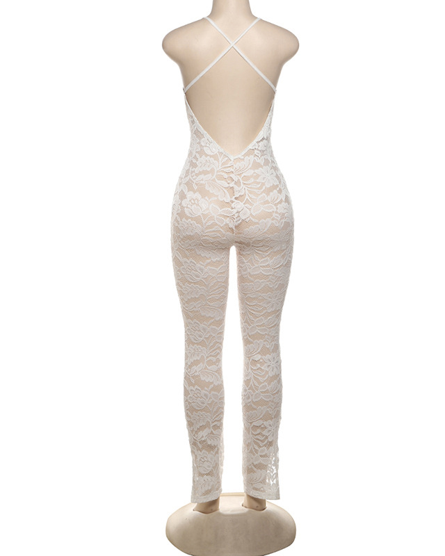 Deep V Halter Back Lace See Through Jumpsuit-Curvy-Faja